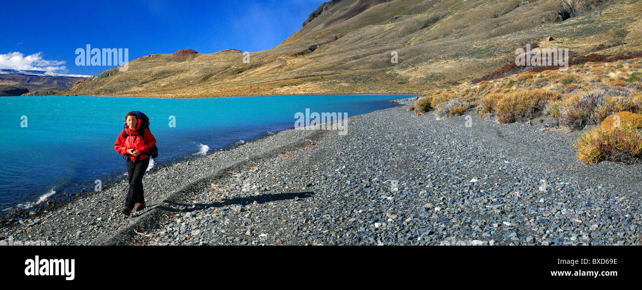 Hiker by Lago Belgrano in Perito Moreno National Park, Argentina Stock Photo