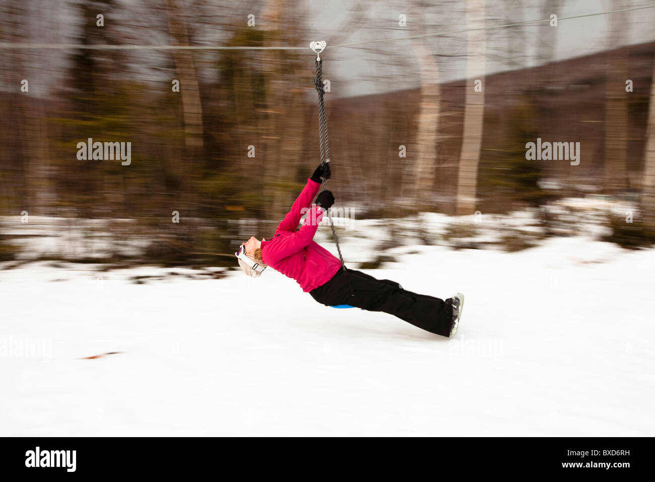 A woman plays on a zip line in Bretton Woods, New Hampshire. Blurred motion. Stock Photo