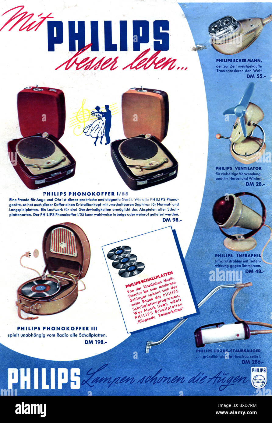 advertising, radio set, Philips, advertisement in magazine, 1955, historic,  historical, press/media, Germany, 1950s, 50s, 20th century, page, brand,  technical products, product, technics, electrical, Phonokoffer I/55, III,  phono case, infrared lamp ...