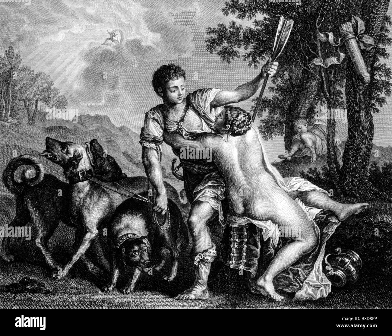 Departure of Adonis (c18th Engraving of Painting by Titian) Greek Myth Stock Photo