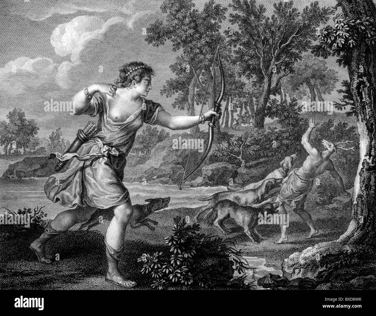 Death of Acteon (Theban Hero) (c18th Engraving of Painting by Titian) Stock Photo