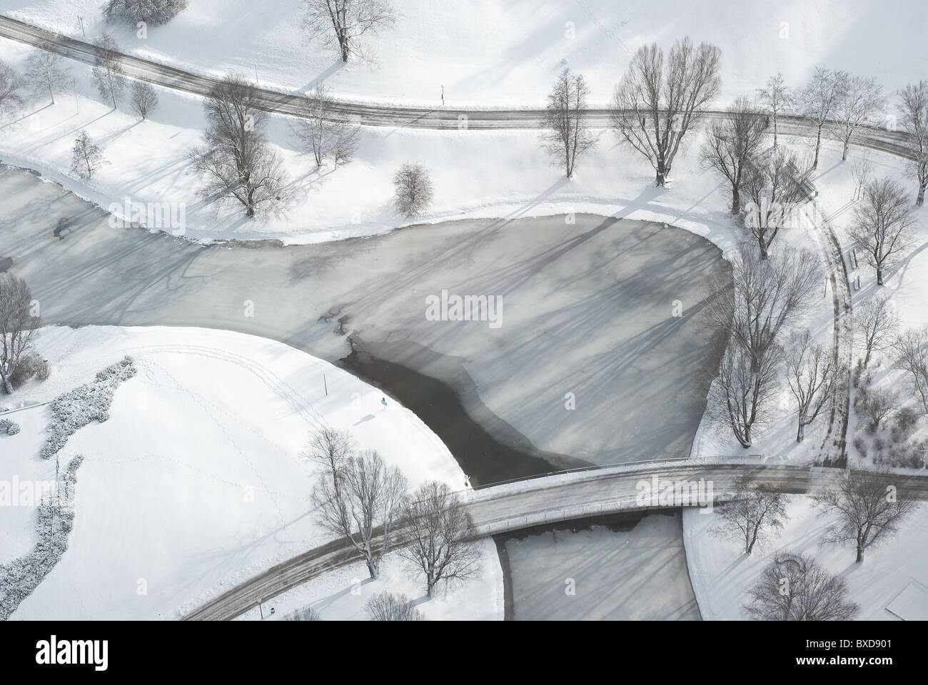 Aerial View of Recreational Park with Frozen Lake Stock Photo