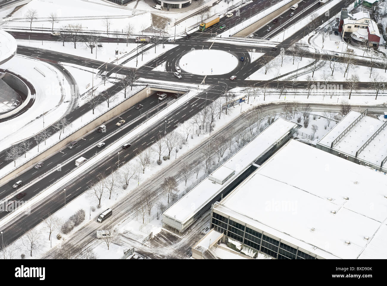 Aerial View of Highway in Winter with Snow Stock Photo