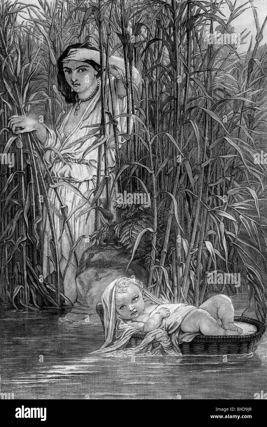 Moses is set adrift by Jochebed on the Nile in a basket made of bulrushes and pitch; Black and White Illustration; Stock Photo