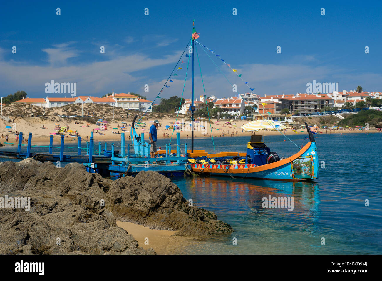 Portugal, the Alentejo, Vila Nova de Milfontes, traditional Moliceiro boat used for excursions Stock Photo