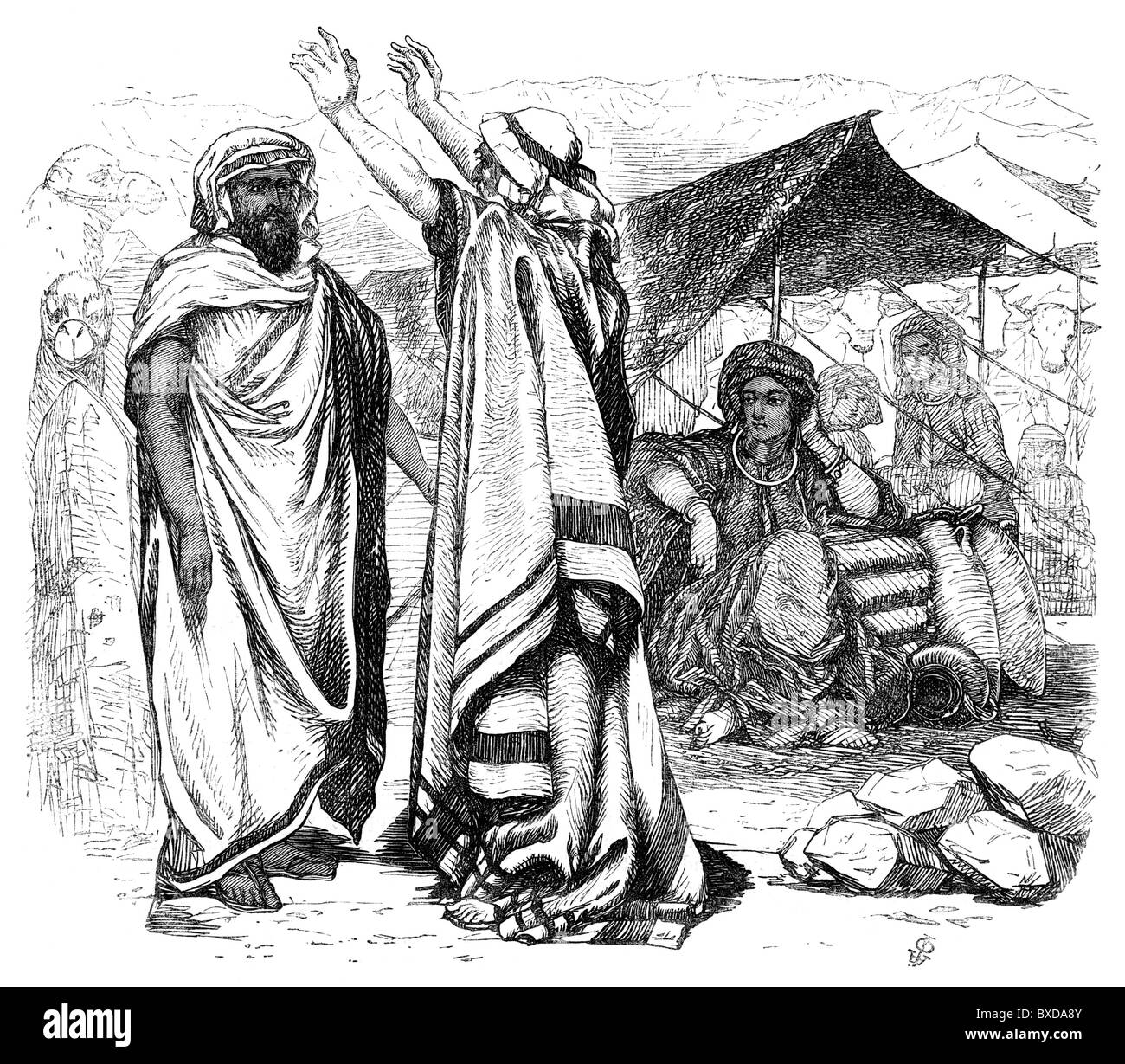 The Covenant of Laban and Jacob, Genesis 31:22-55; Black and White Illustration; Stock Photo