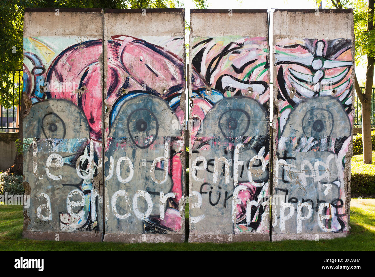 Sections of Berlin wall with tags at European Court of Human Rights, Palais des Droits de l'Homme,Strasbourg, Alsace, France, Europe Stock Photo