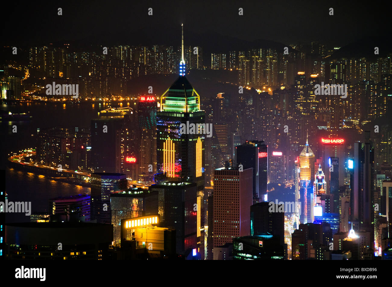 City skyline of downtown Hong Kong China at night from Victoria Peak Stock Photo