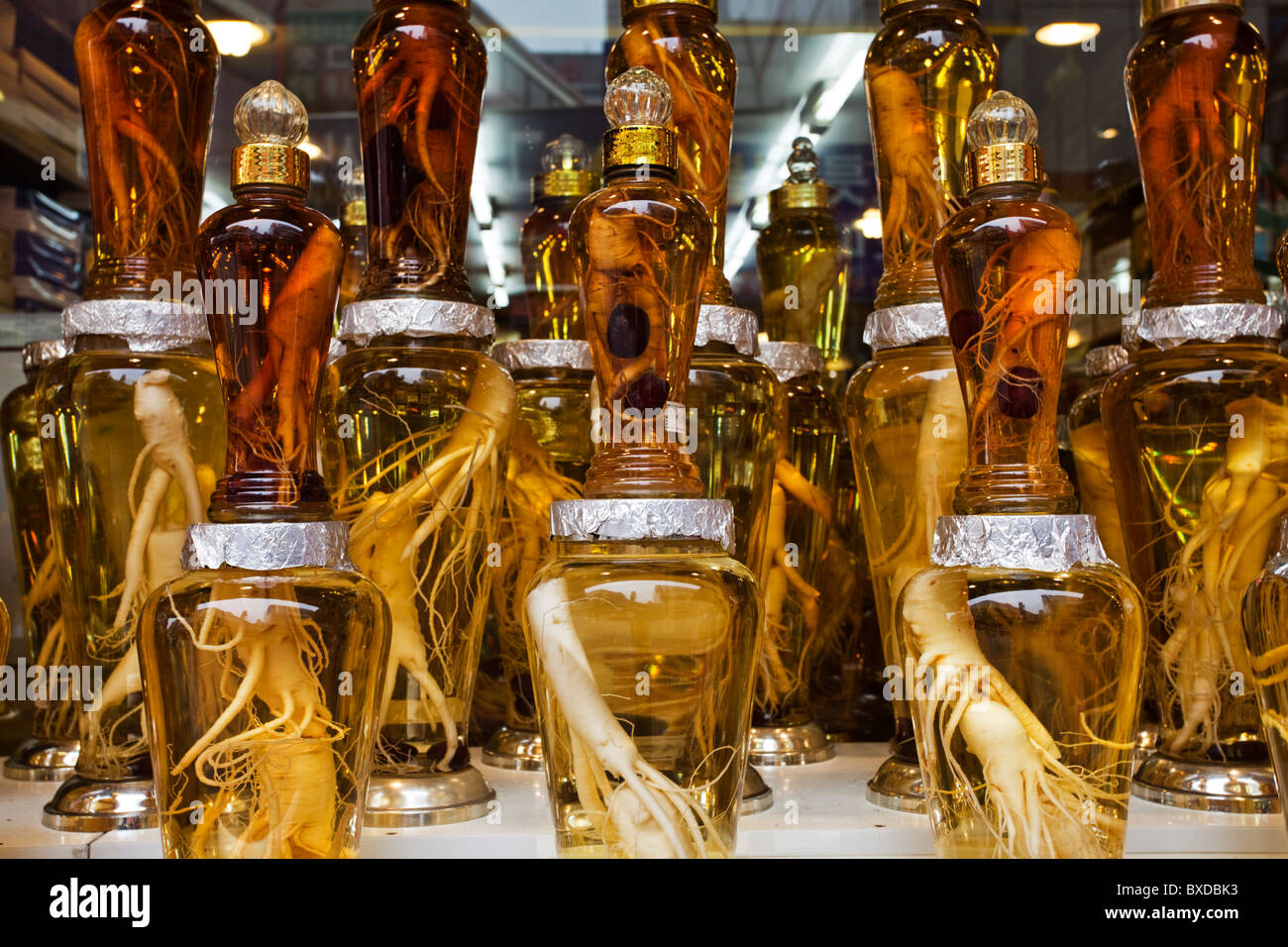 Preserved Ginseng in bottles at a Seoul's market, South Korea Stock