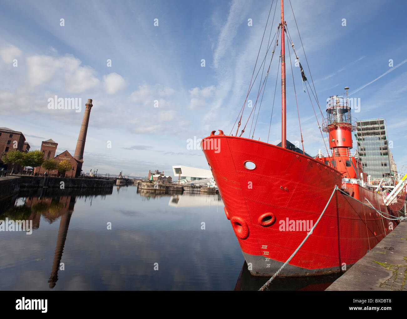 Liverpool pilot or light boat docked at Albert Dock Merseyside underneath a blue sky Stock Photo