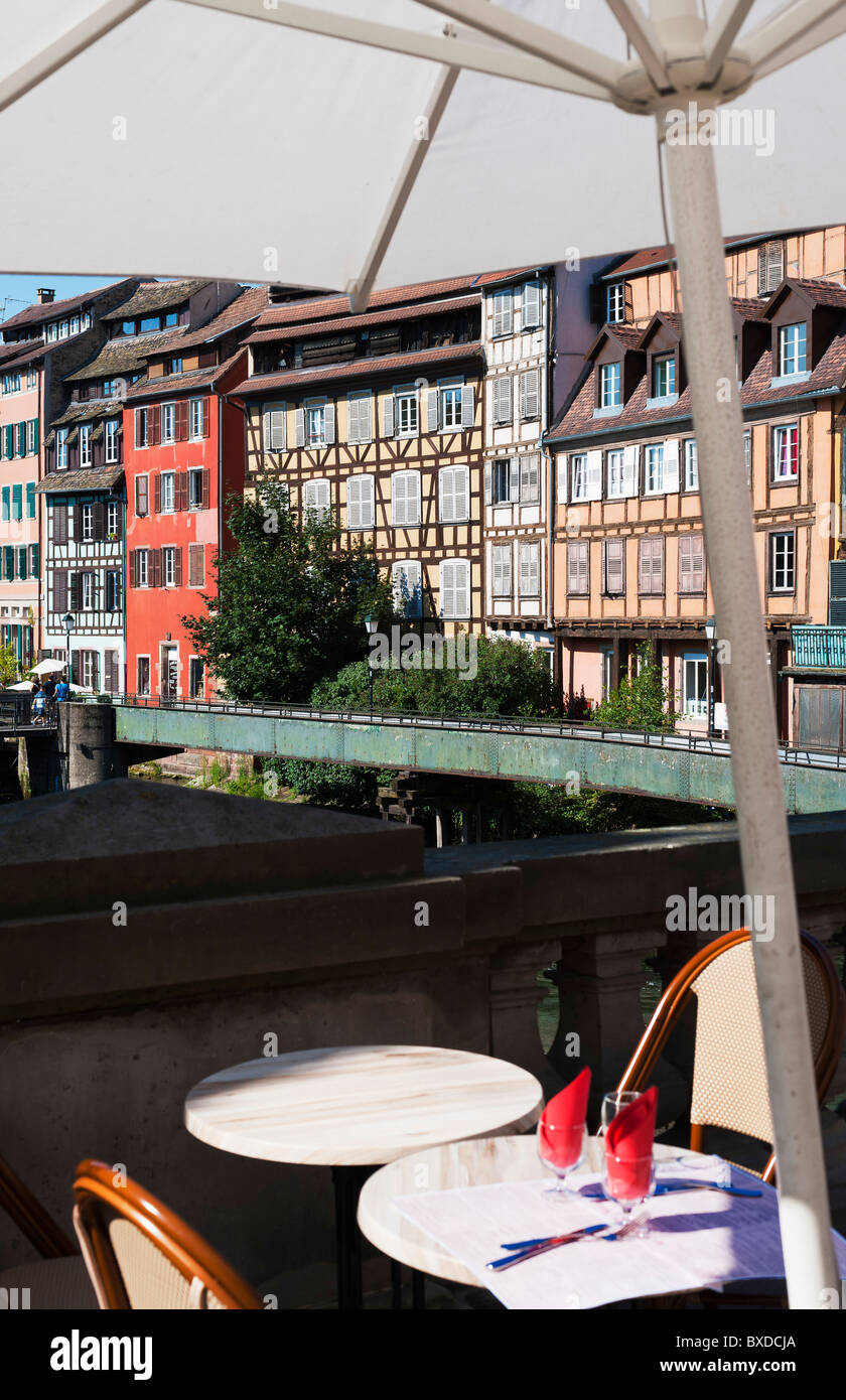 Strasbourg, alfresco restaurant terrace, half- timbered houses, La Petite France district, Alsace, France, Europe, Stock Photo