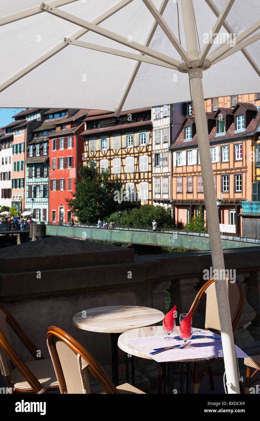 Strasbourg, alfresco restaurant terrace, half timbered houses, La Petite France district