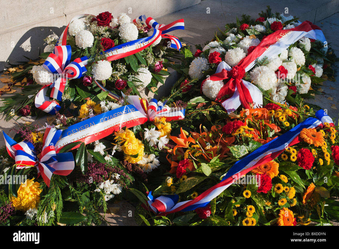 Sprays of flowers for the remembrance day at war memorial, Place de la République square, Neustadt district, Strasbourg, Alsace, France, Europe, Stock Photo