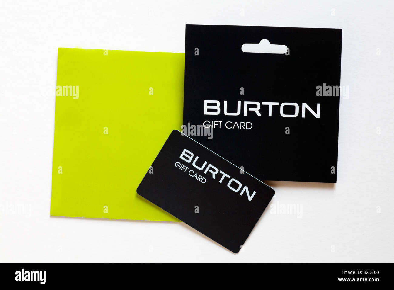 Burton gift card giftcard with lime green envelope isolated on white background Stock Photo