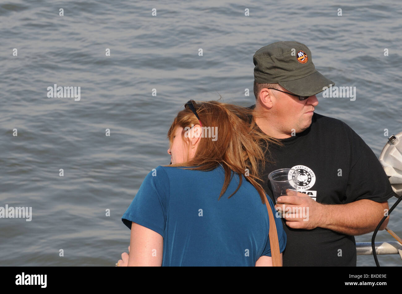 Couple aboard a New York Water Taxi boat. Stock Photo