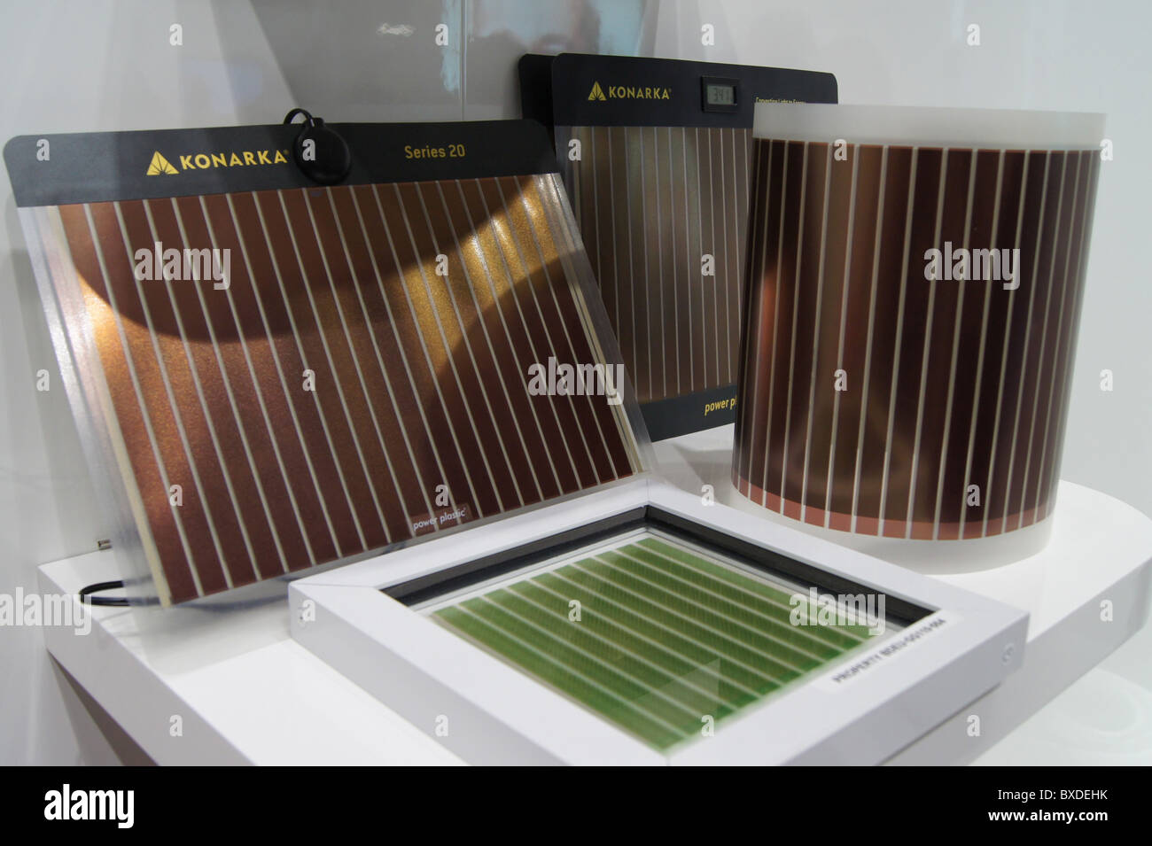 Organic flexible thin film mini PV solar cell panels which convert solar energy to electr illustrated in the solar PV cpnference Stock Photo