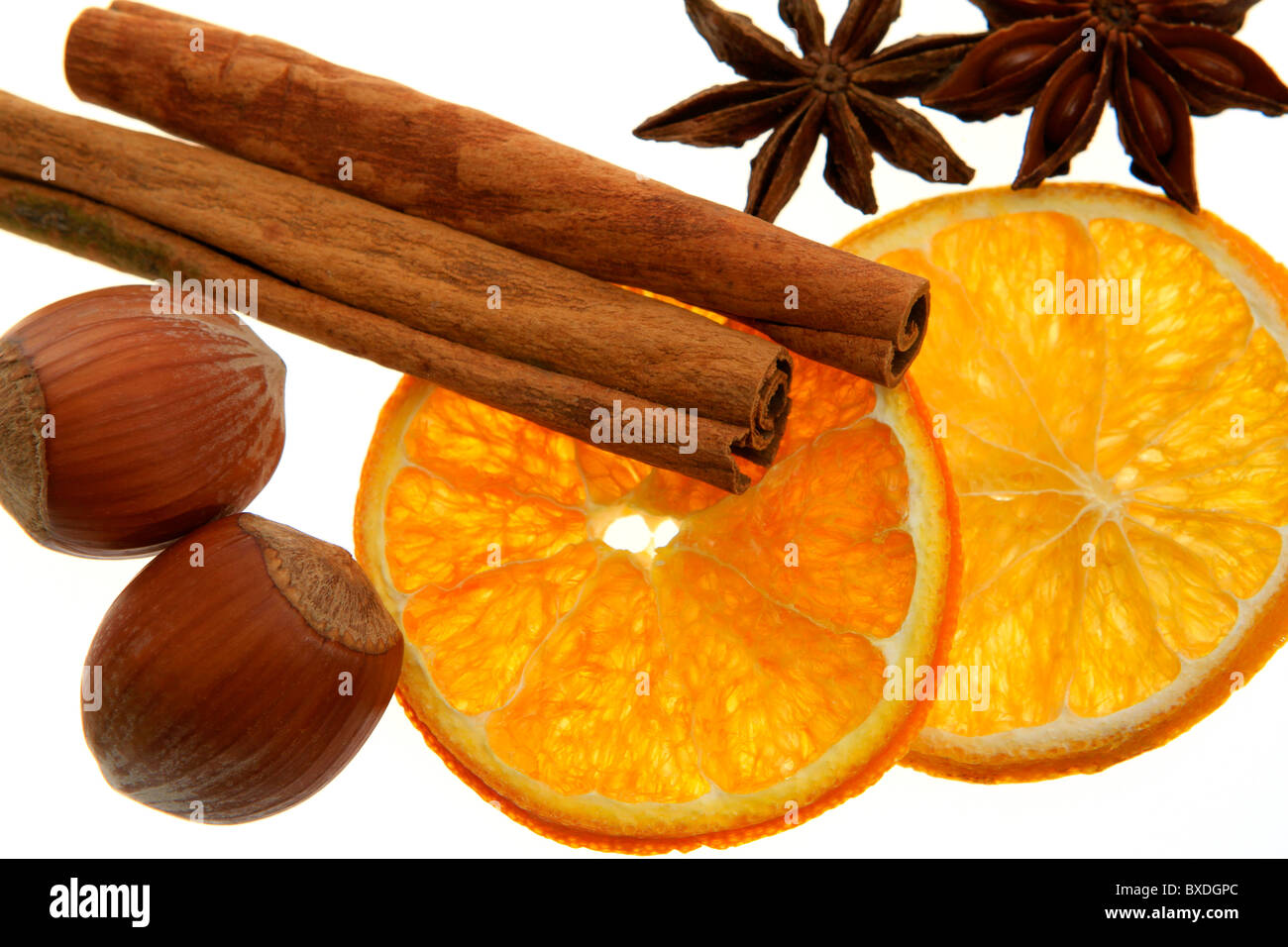 christmas decoration, dried orange, cinnamon, nuts and anise Stock Photo