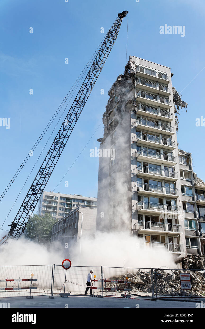 Large crane with a wrecking ball Stock Photo