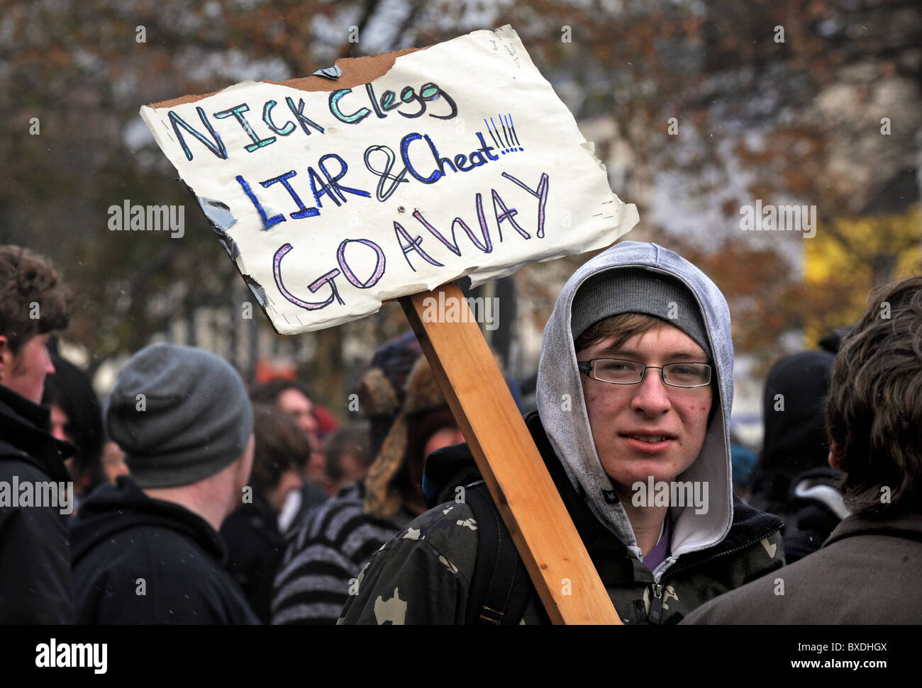 Mass demonstration in Brighton against government cuts to higher education funding - Protester with an anti Nick Clegg placard Stock Photo