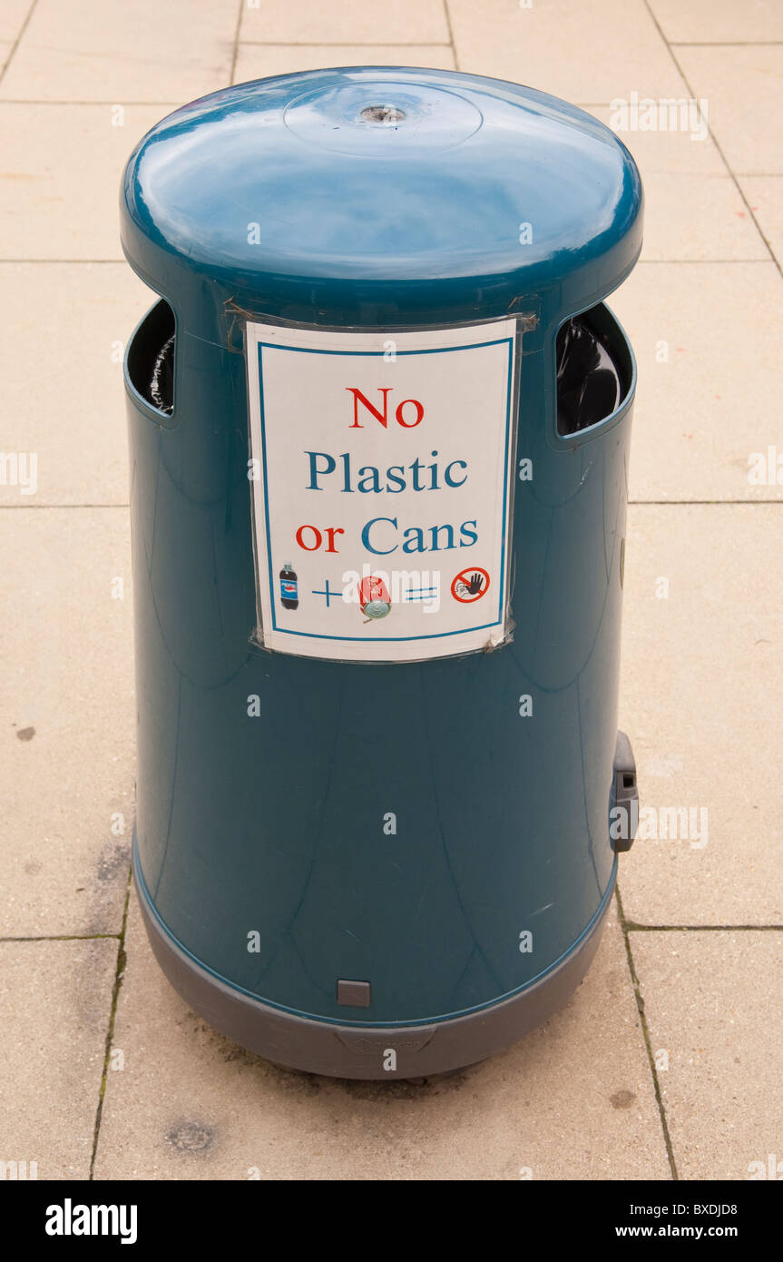 A recycling bin stating no plastic or cans in the Uk Stock Photo