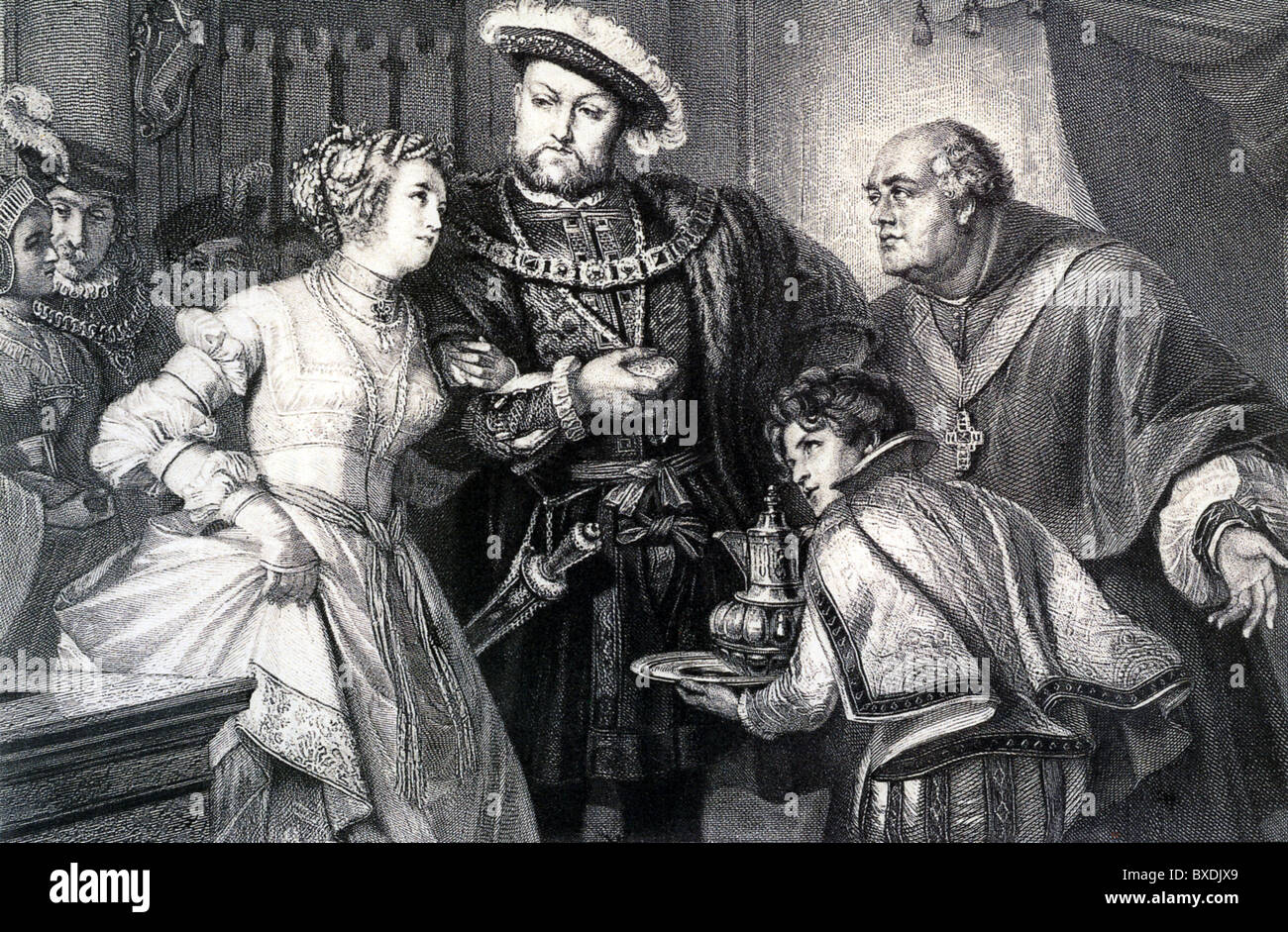 HENRY VIII and ANNE BOLEYN engraved by Johann Raab after painting by German artist August Pecht Stock Photo