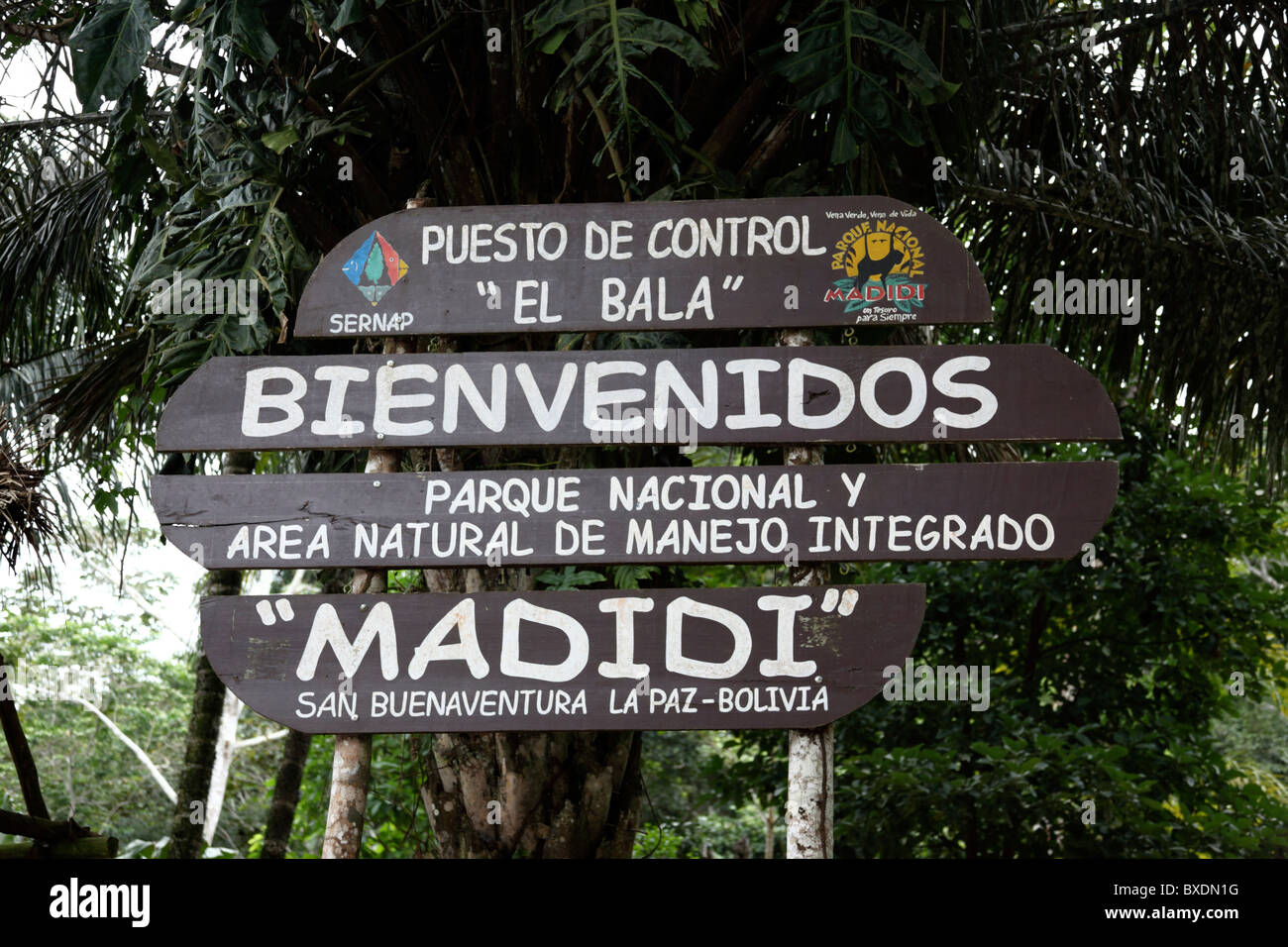 Sign at Bala Gorge checkpoint, the entrance to Madidi National Park if coming from Rurrenabaque, Bolivia Stock Photo