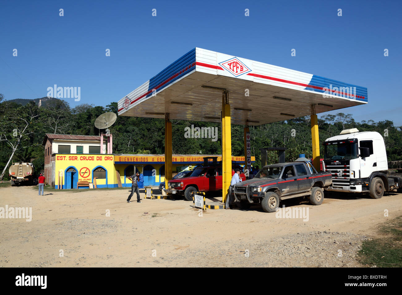 YPFB petrol station and tropical forest near Rurrenabaque, Beni Department,  Bolivia Stock Photo