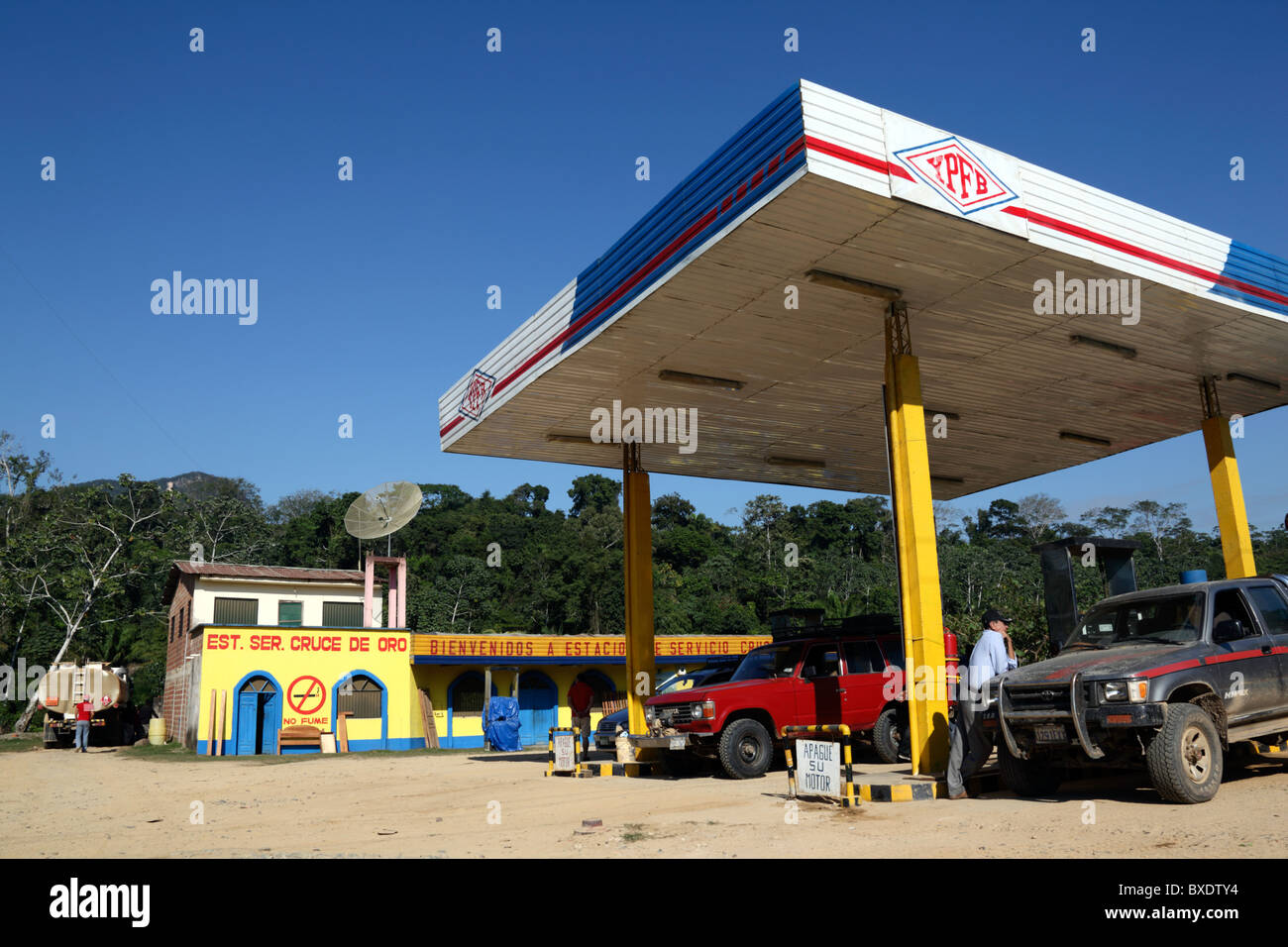 YPFB petrol station and tropical forest near Rurrenabaque , Beni department,  Bolivia Stock Photo