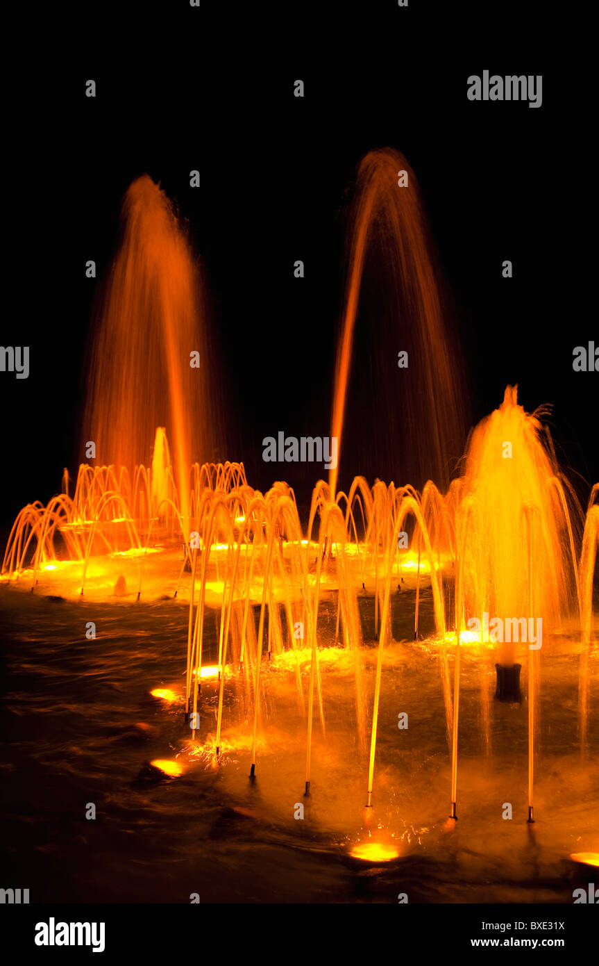 Water fountains at night Stock Photo