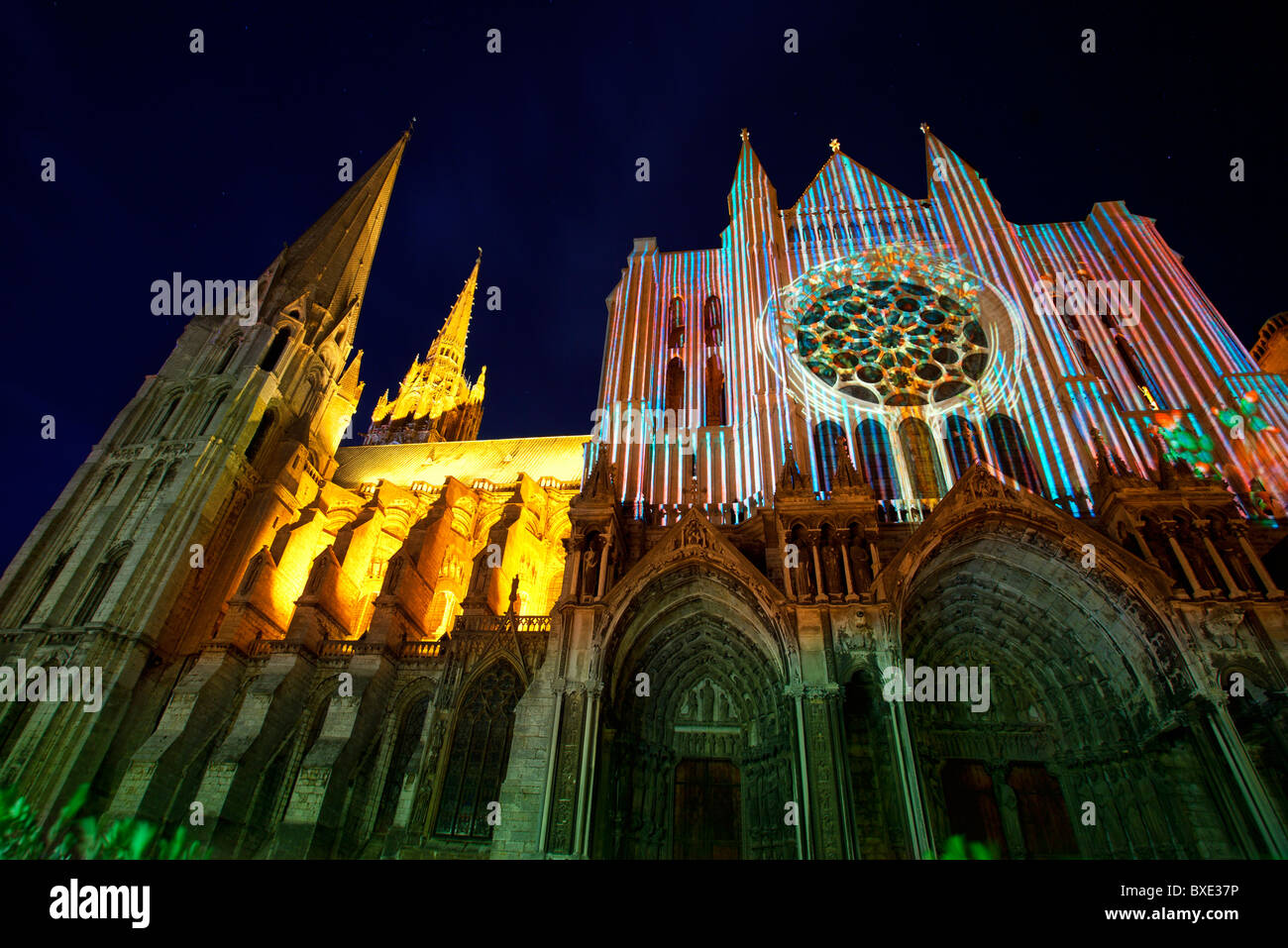 Chartres Cathedral illuminated at night Stock Photo