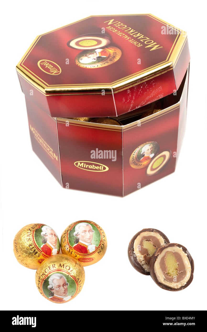 Box of Mirabell Echte Salzburger Mozartkugeln chocolates Stock Photo
