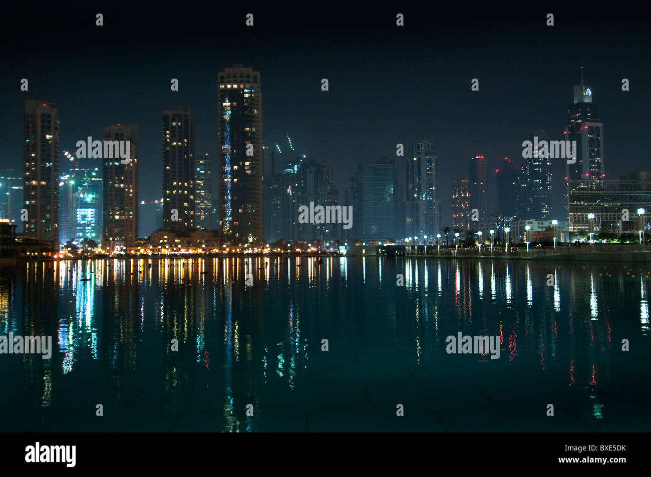Night time view in the Burj Khalifa fountain in Dubai Stock Photo