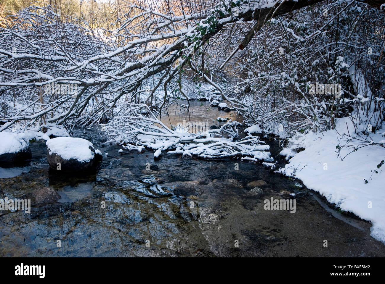 Cold river flowing through a magical snow covered landscape Stock Photo ...