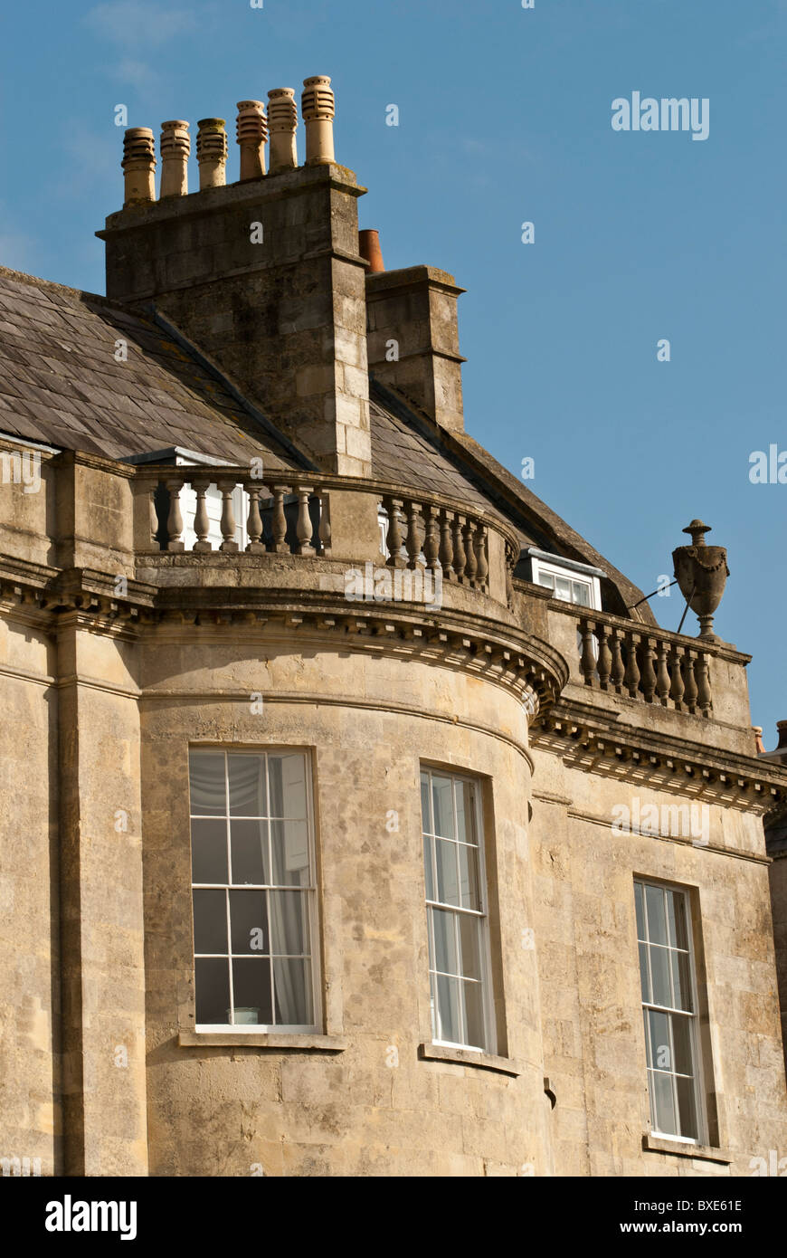 Roof top balcony bow windows Lansdown Crescent Bath, Lansdown hill above Bath Georgian architecture Stock Photo