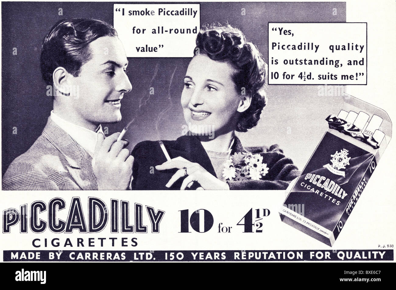 Advert for Piccadilly cigarettes circa 1939 made by Carreras Ltd Stock Photo