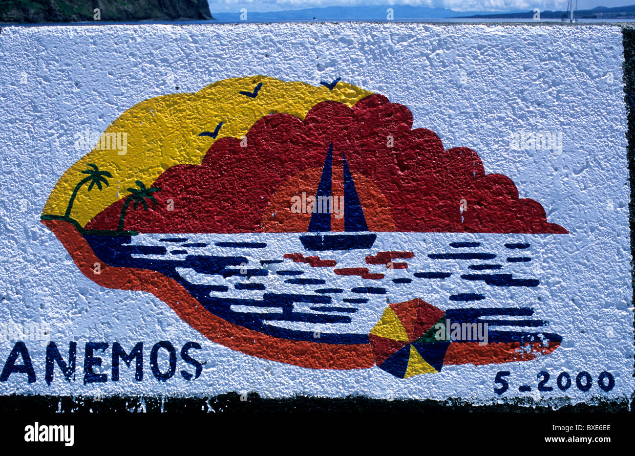 Hand-painted ship's calling cards on the quayside in Horta marina, Faial island, in the Azores Stock Photo