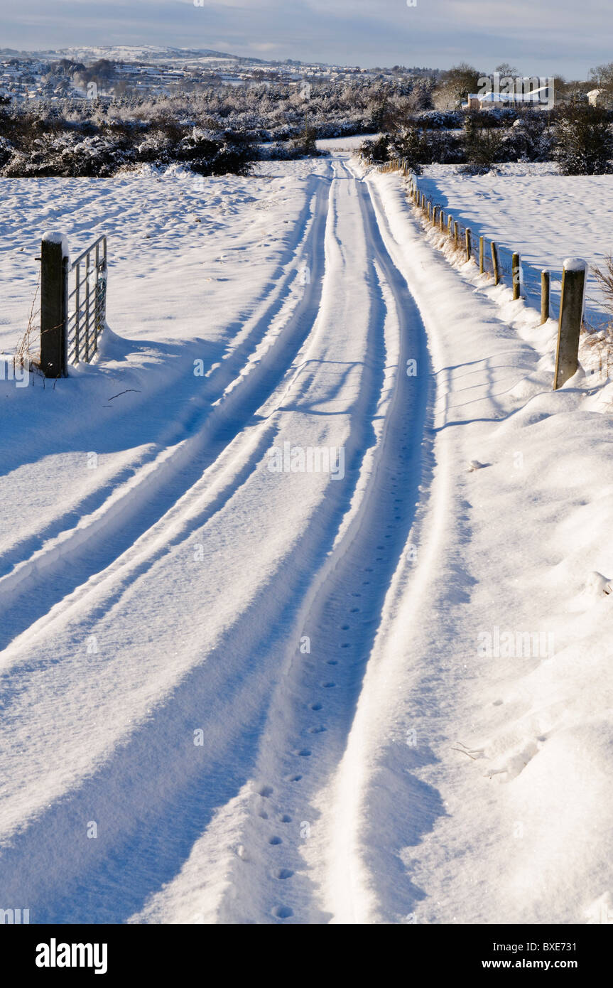 Snow covered rural lane with tyre tracks Stock Photo