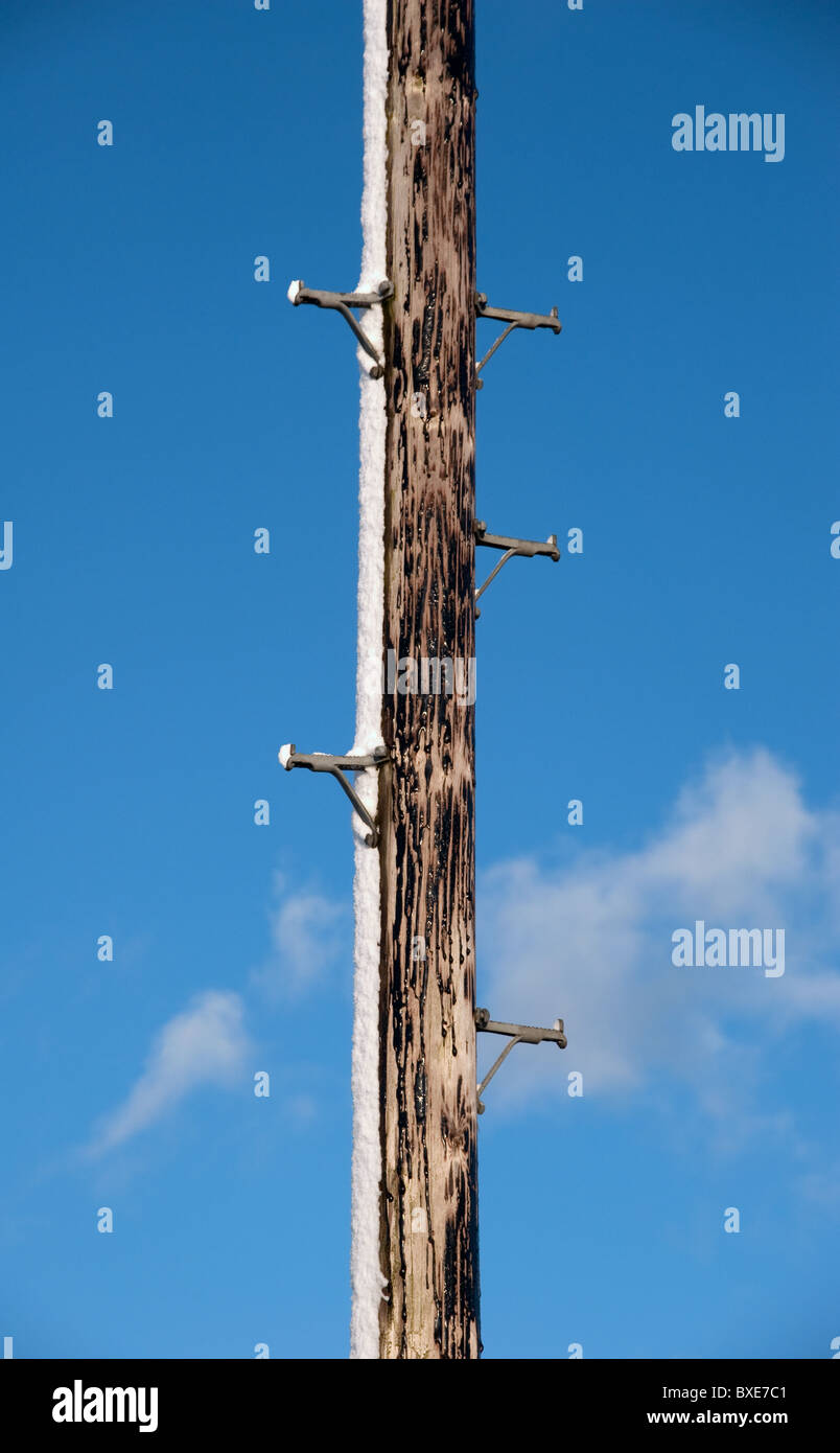 Snow stuck to the windward side of a telgraph pole (telephone cable