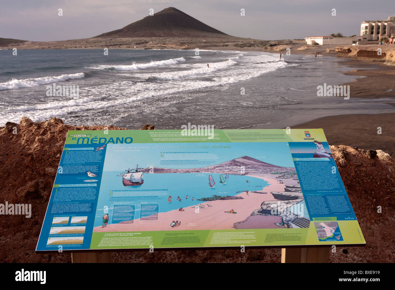 Information board at the beach of El Medano in Tenerife Canary islands Spain Stock Photo