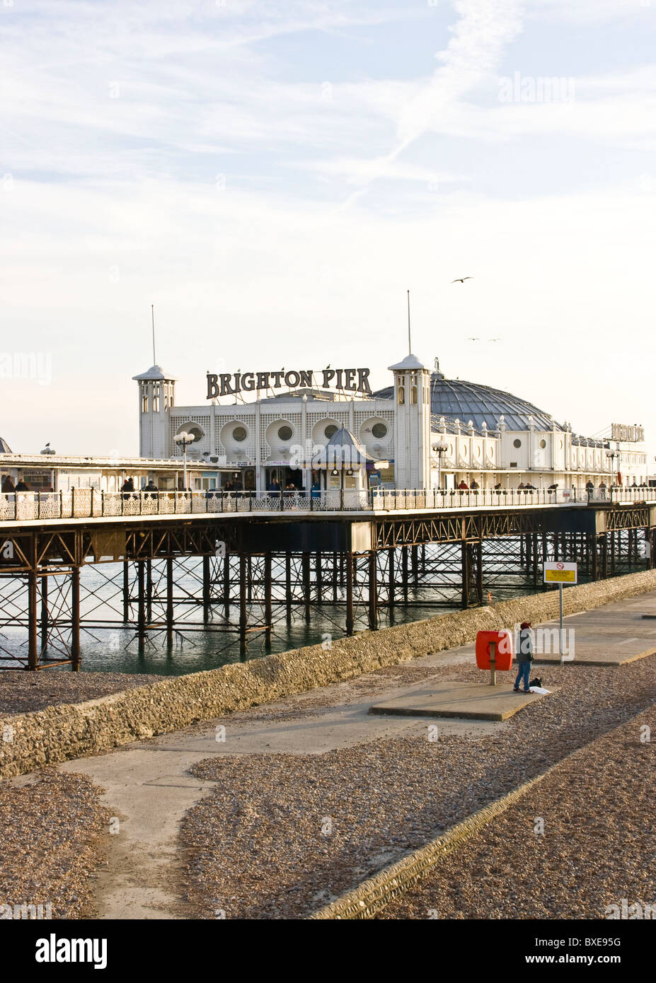 Grade 2 listed Brighton Pier by R St George Moore and beach-front in winter Brighton Sussex England Europe Stock Photo