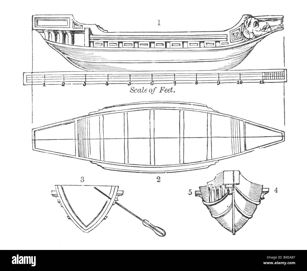 Scale drawing of a Roman Galley; Black and White Illustration; Stock Photo