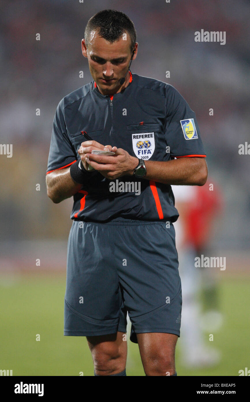 Referee Ivan Bebek completes a player booking during a FIFA U-20 World Cup Group A soccer match between Paraguay and Egypt. Stock Photo
