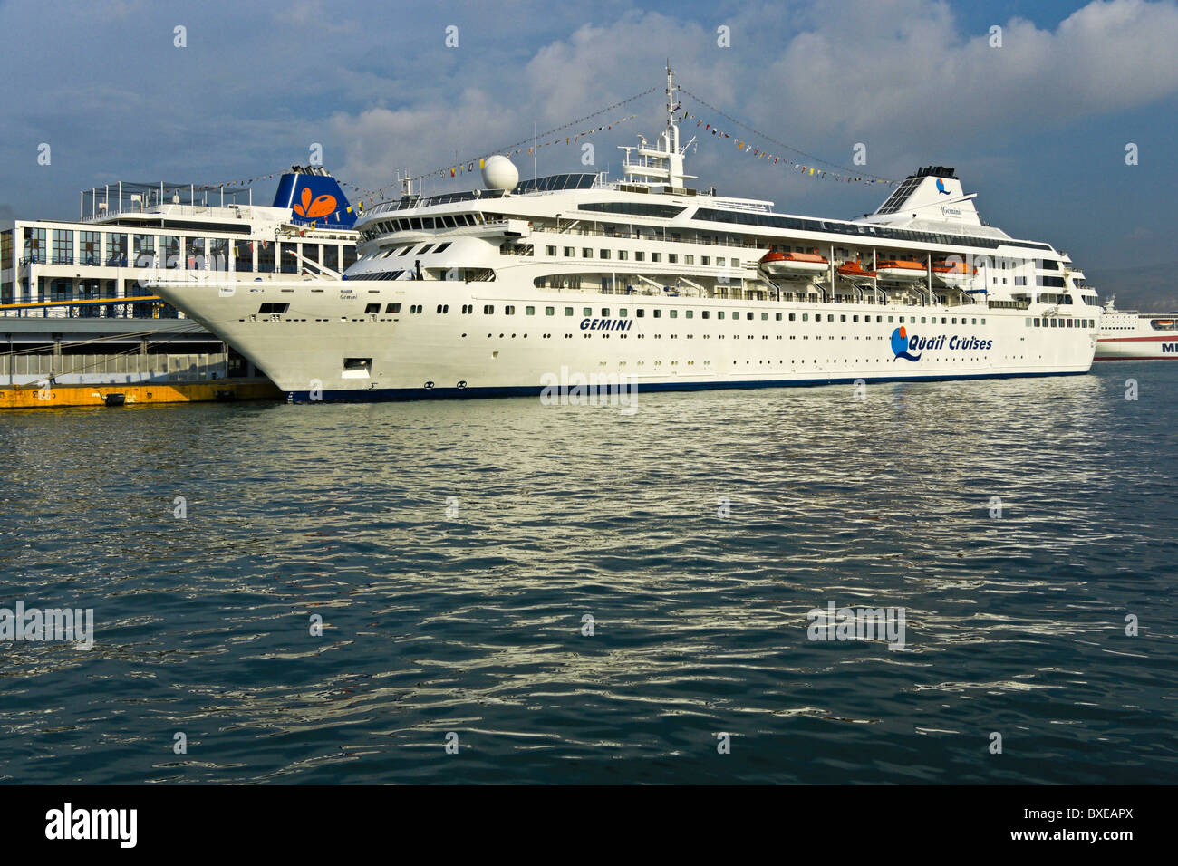 Quail Cruises cruise ship Gemini berthed at terminal in Piraeus Harbour Greece Stock Photo