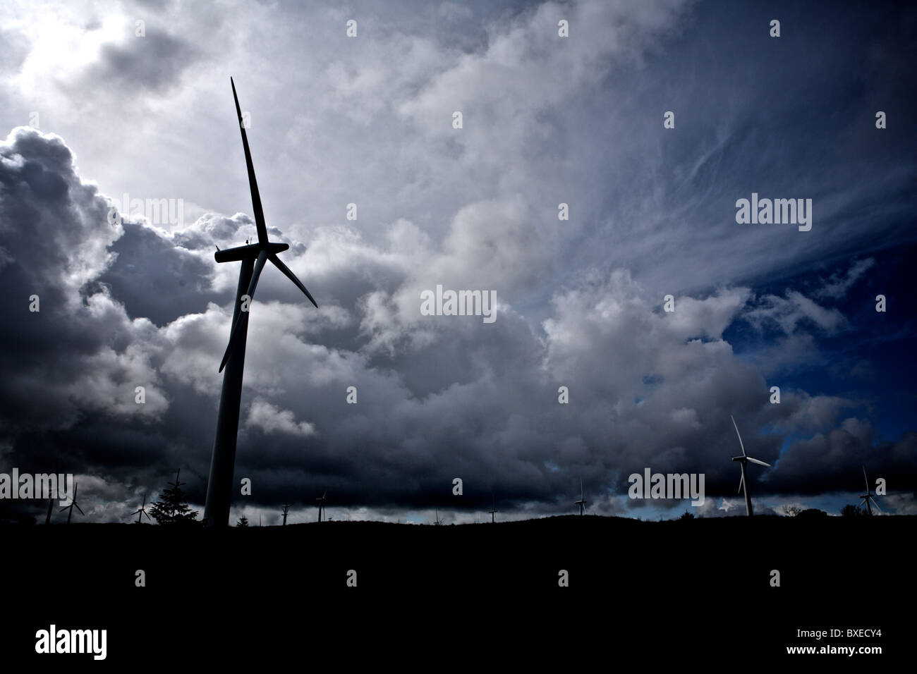 Horizontalaxis wind turbines on a wind farm in Northern Ireland with