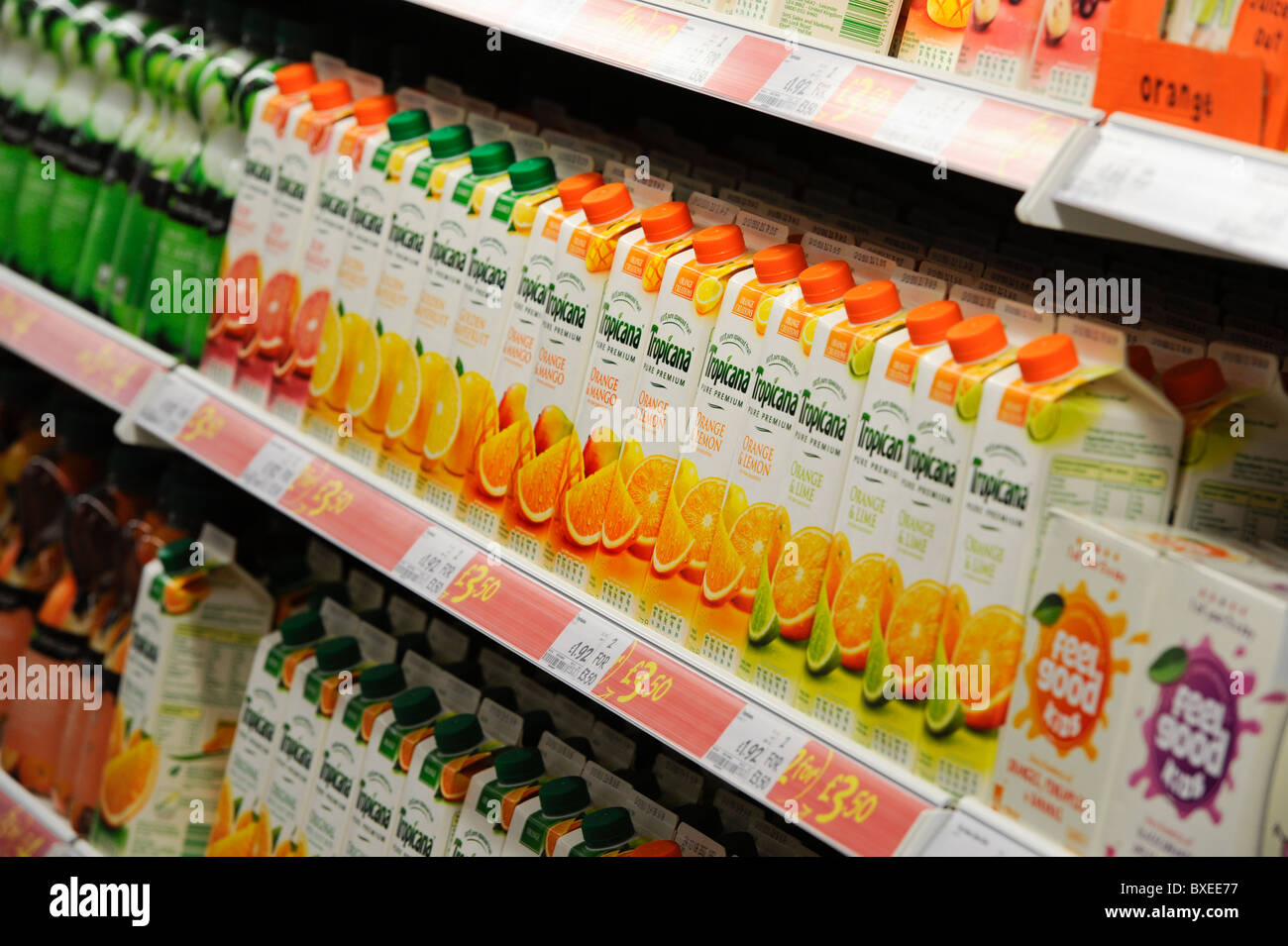 Tropicana drink cartons stacked on UK supermarket shelves. Stock Photo