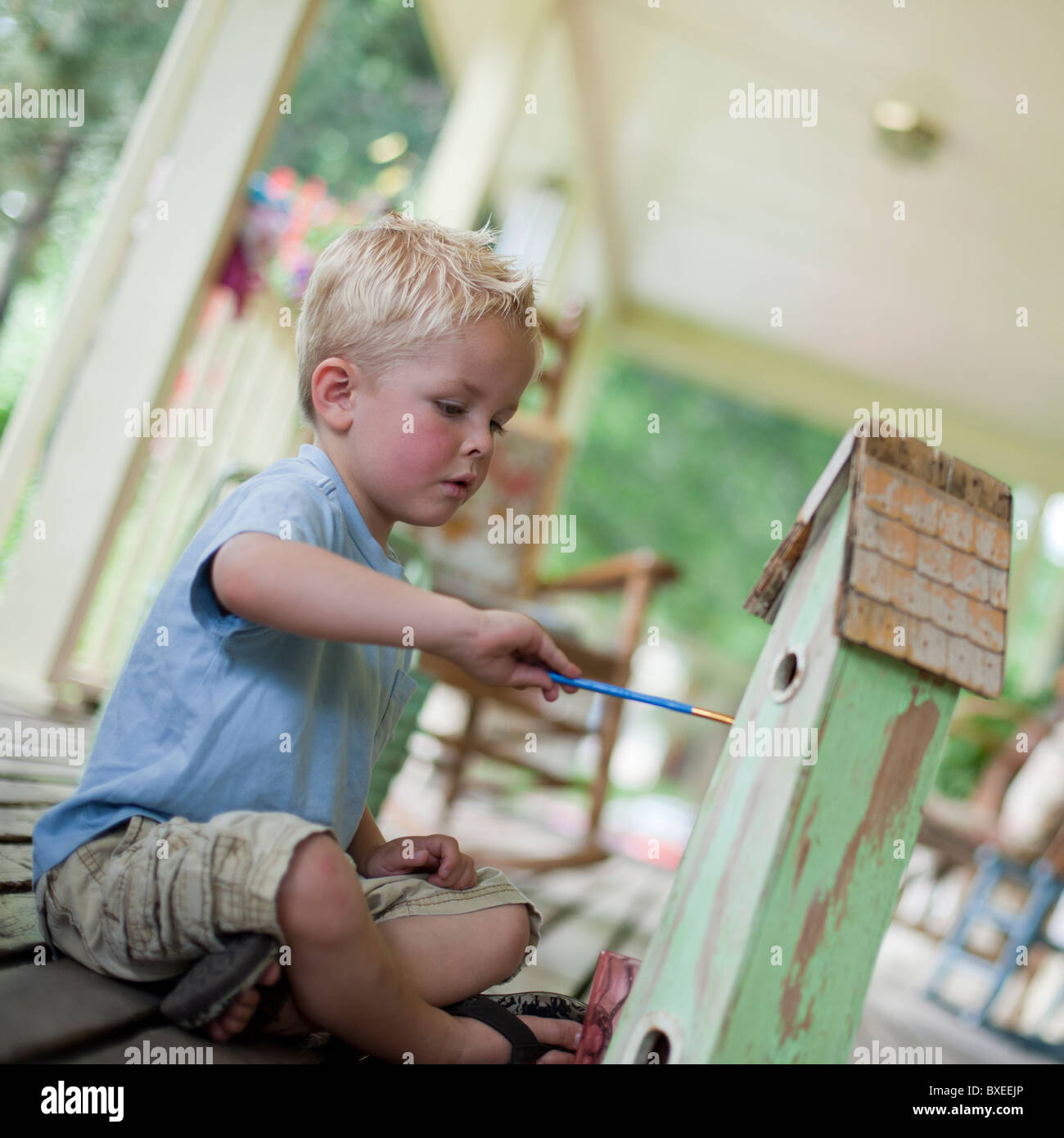 Young boy painting a birdhouse Stock Photo - Alamy