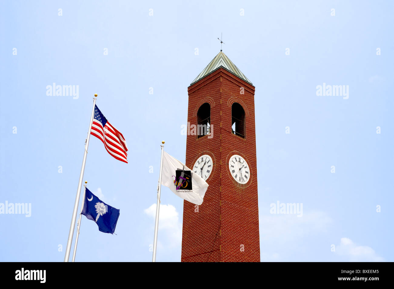The Old Clock Tower in Morgan Square along West Main Street in Spartanburg, SC, USA. Stock Photo