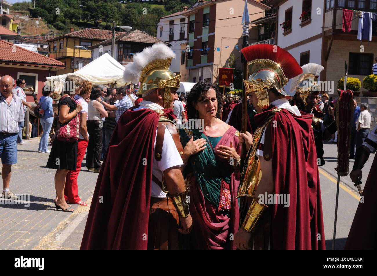 Roman legionnaires talking. ' Astur-Roman Festival of  La Carisa '  CARABANZO  Asturias SPAIN. Stock Photo