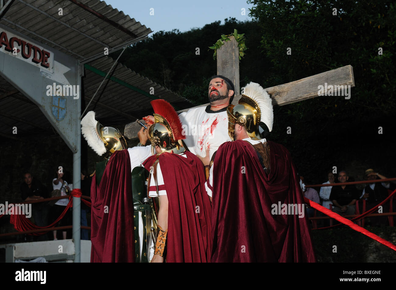 Cruxifixión of Astur by the Romans  ' Astur-Roman Festival of  La Carisa '  CARABANZO  Asturias SPAIN. Stock Photo