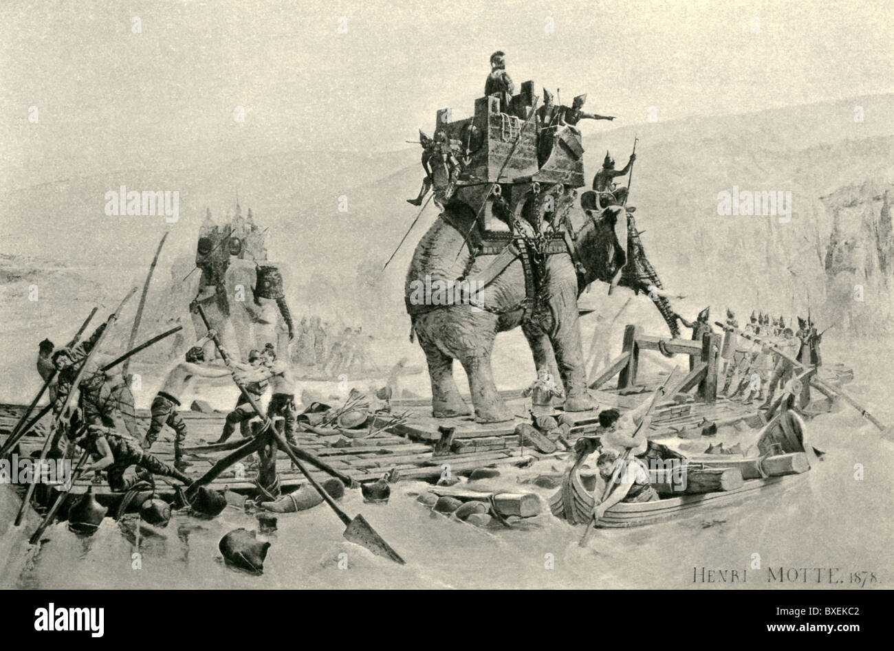 Carthaginian general Hannibal Barca crossed the Alps, with his army and elephants, into Italy in 216 B.C. to fight the Romans. Stock Photo